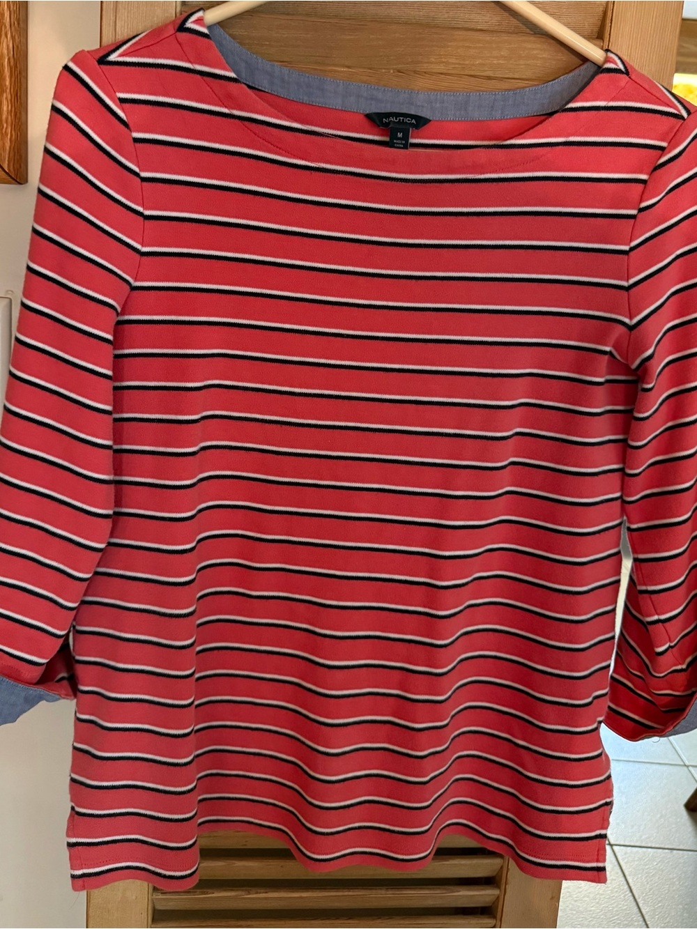 Nautica Coral Red Striped Long Sleeve Boatneck Top